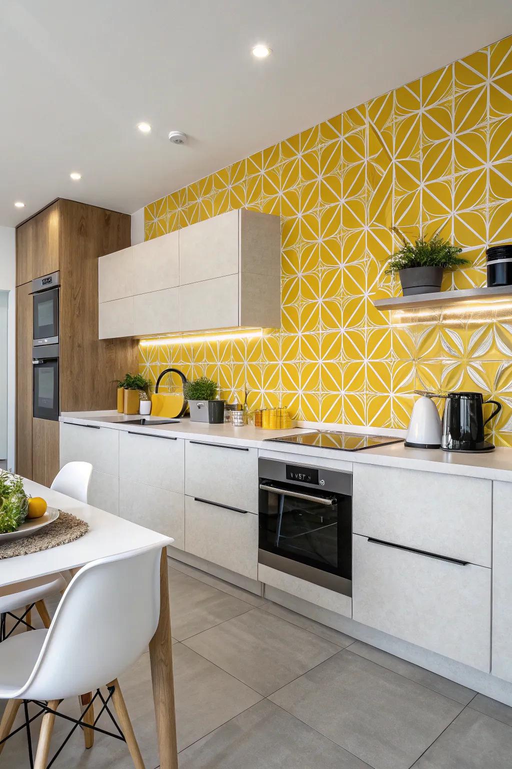 Symmetrical designs give a playful element to this goldish backsplash.