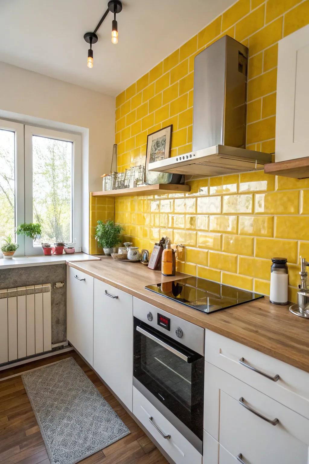 A radiant yellow backsplash provides a vivid accent without taking over the room.