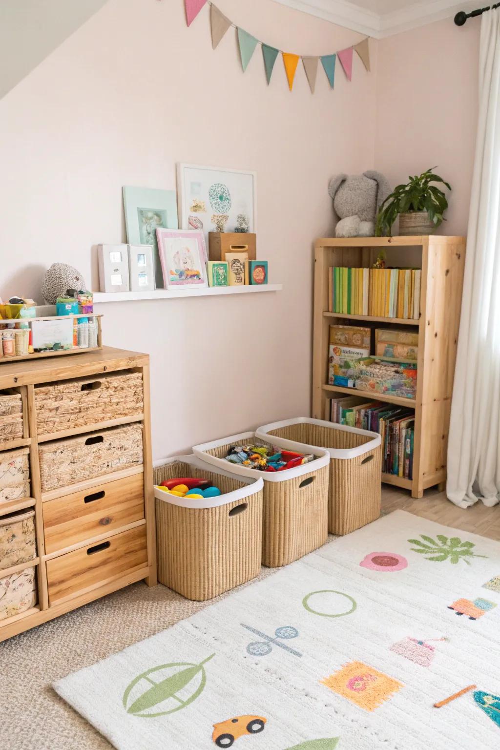Sustainable storage solutions keep the area neat and eco-friendly.