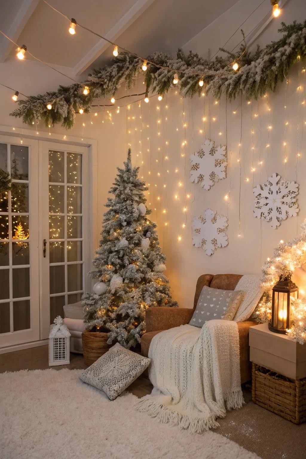 A frigid wonderland theme with snow-like adornments and snug vibes.