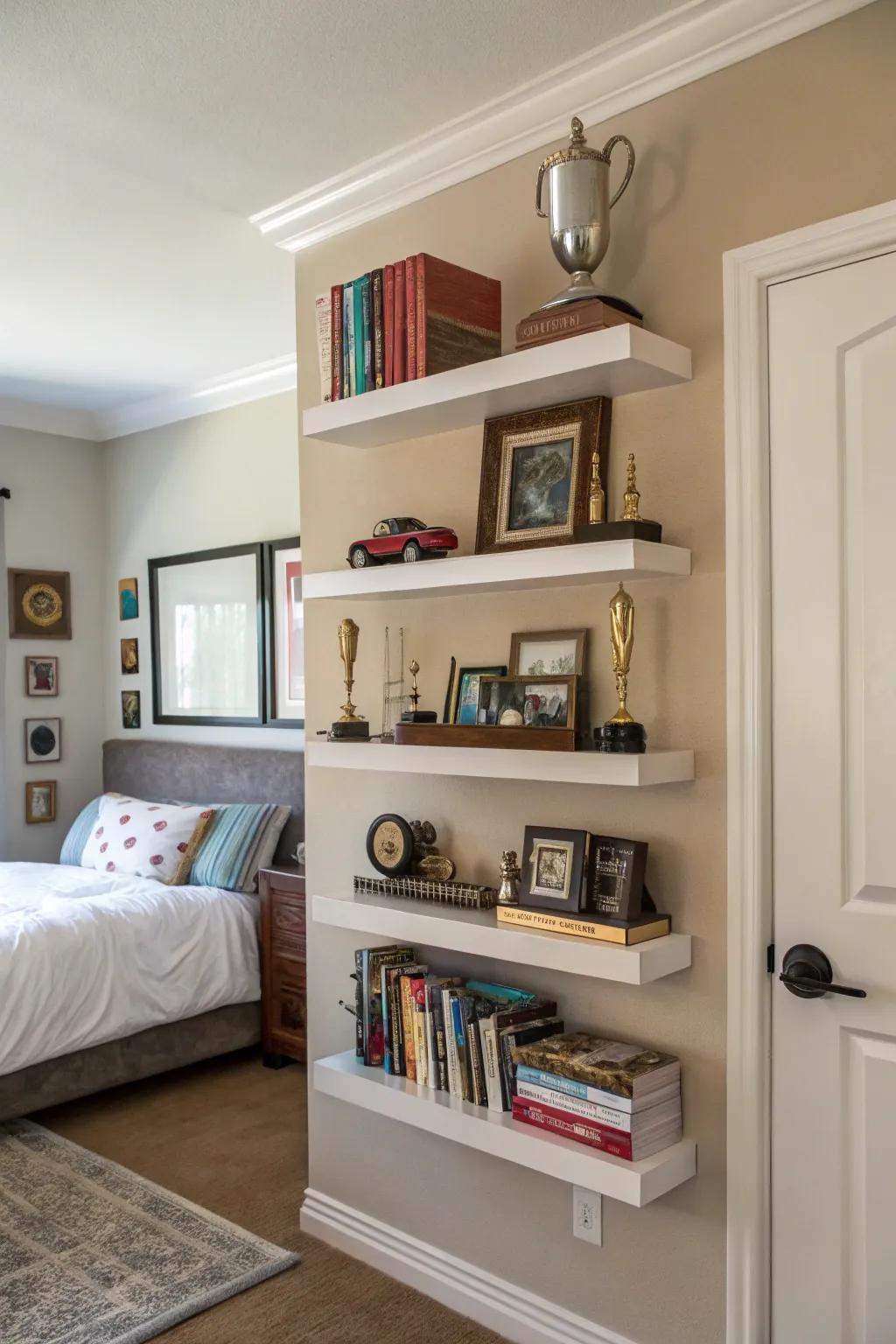 Wall mounted display shelves display her personality and achievements in an organized manner.