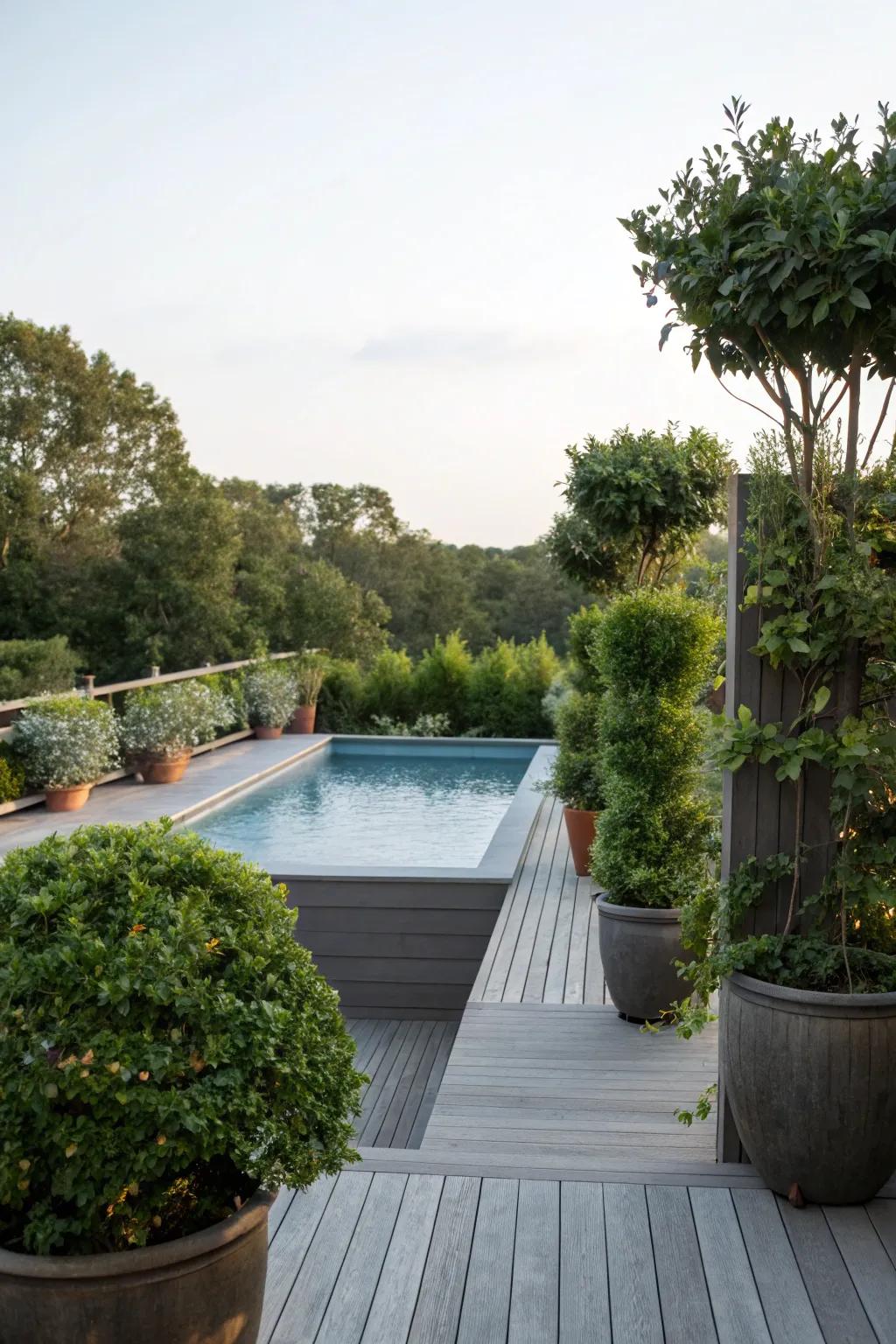 Towering planters provide privacy and a hint of seclusion.