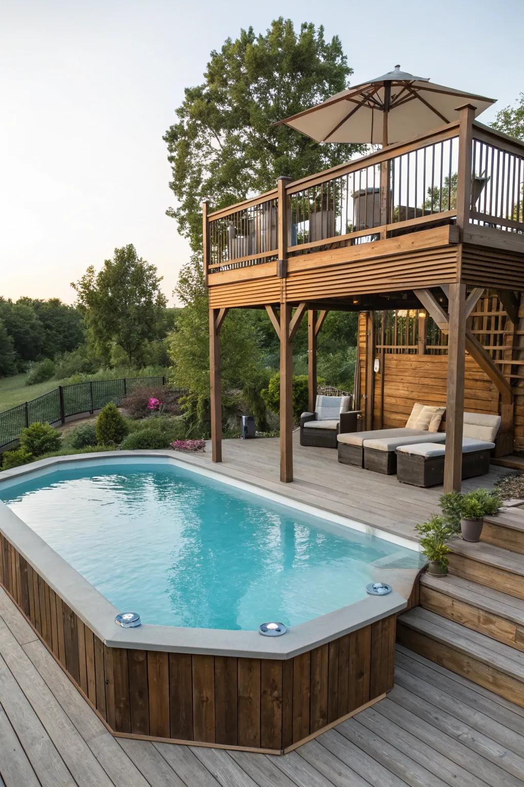 A multi-tiered deck amplifies dimension and expanse to your pool area.