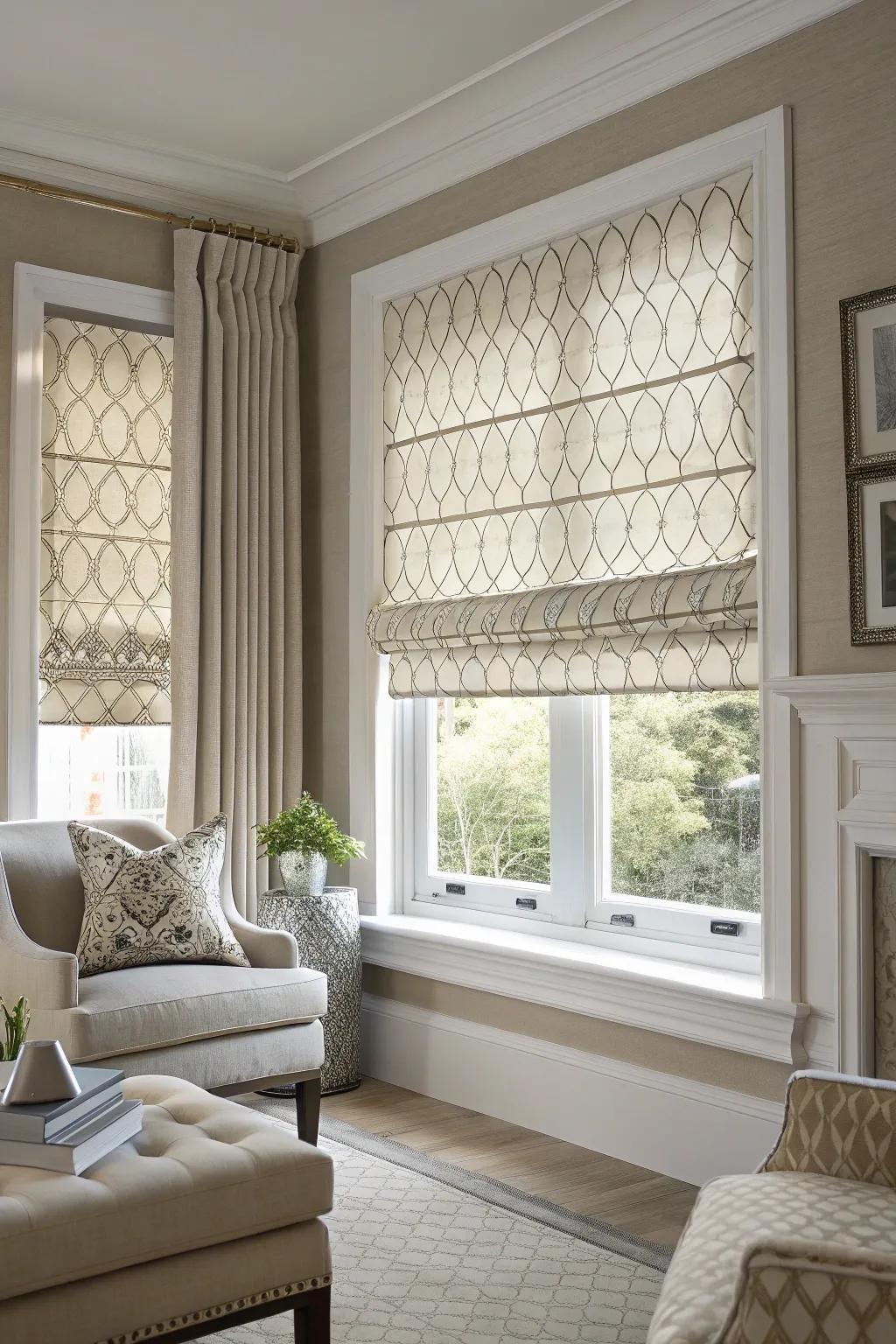 Designed Roman shades present elegance.