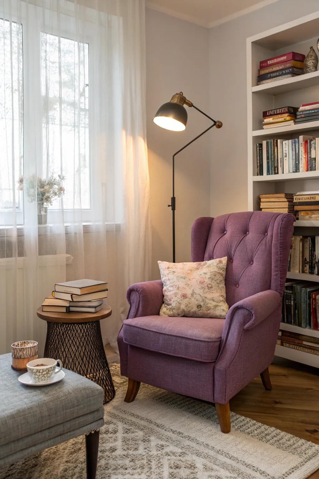 Fashion a serene escape through a violet reading corner.