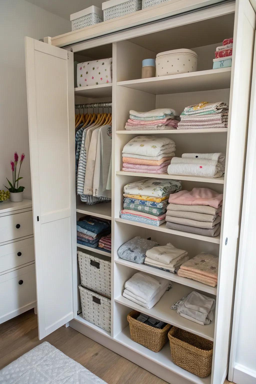 Transform a bookshelf into a versatile storage resolution for infant apparel.