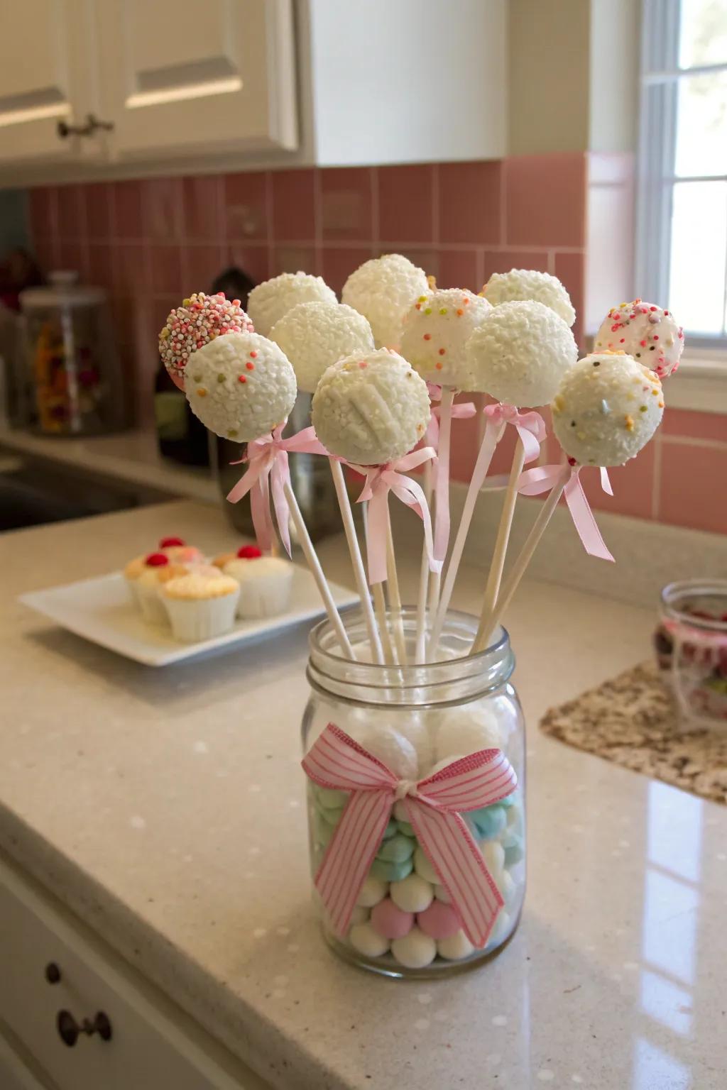 Cute diaper cake pops adding charm to the shower.