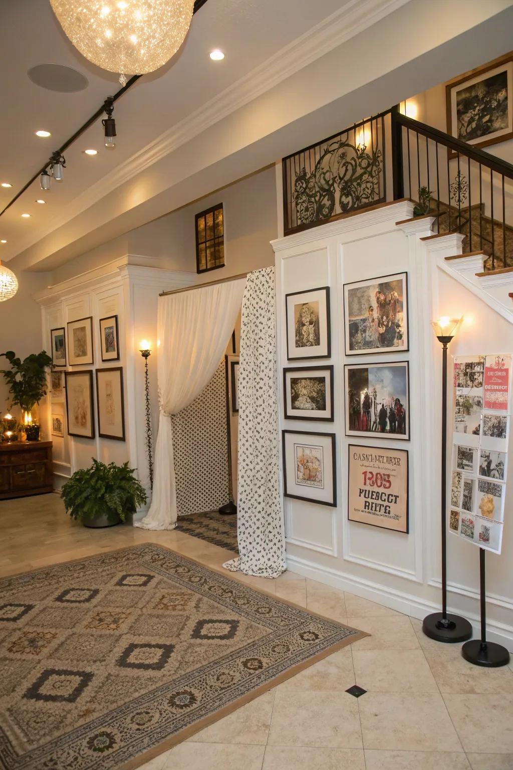 Integrate artistic elegance through a backdrop of art prints.