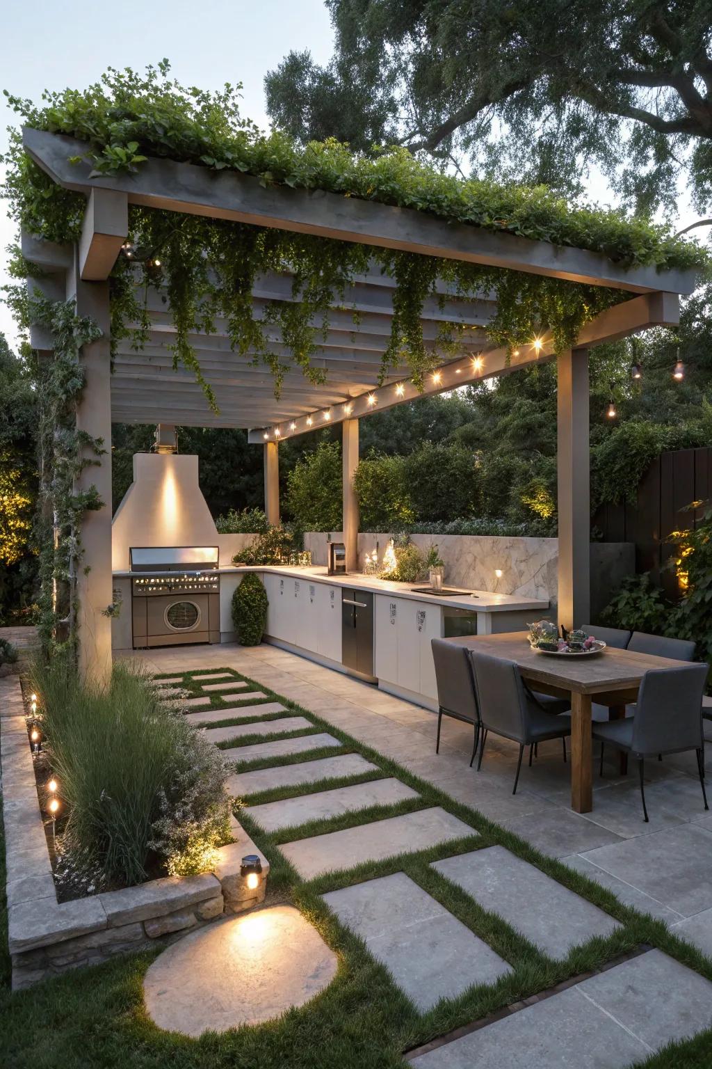 A Zen garden pergola establishes a peaceful and harmonious outdoor kitchen.