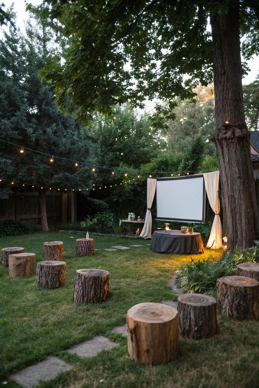 Tree trunk seats impart a countryside and natural constituent to your film night.