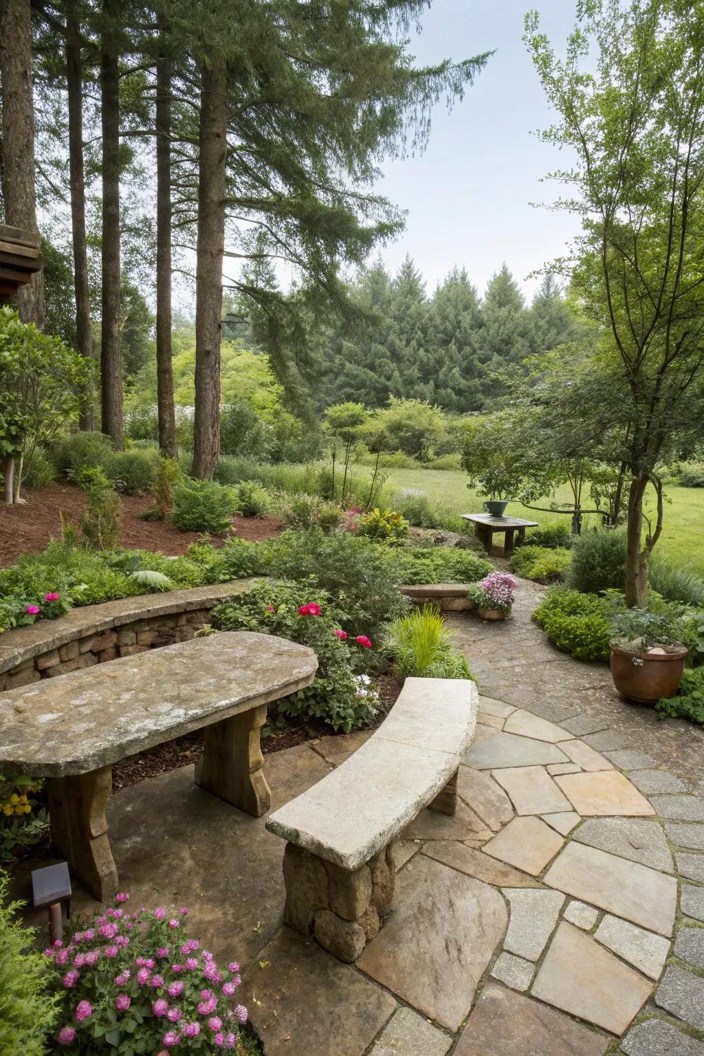 Raw stone seating blends with the outdoor setting.