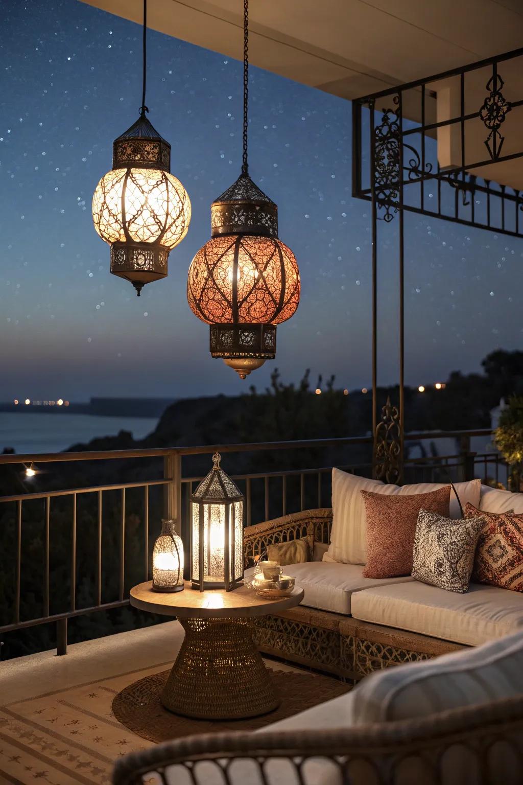Hanging lanterns craft a cozy and inviting atmosphere.