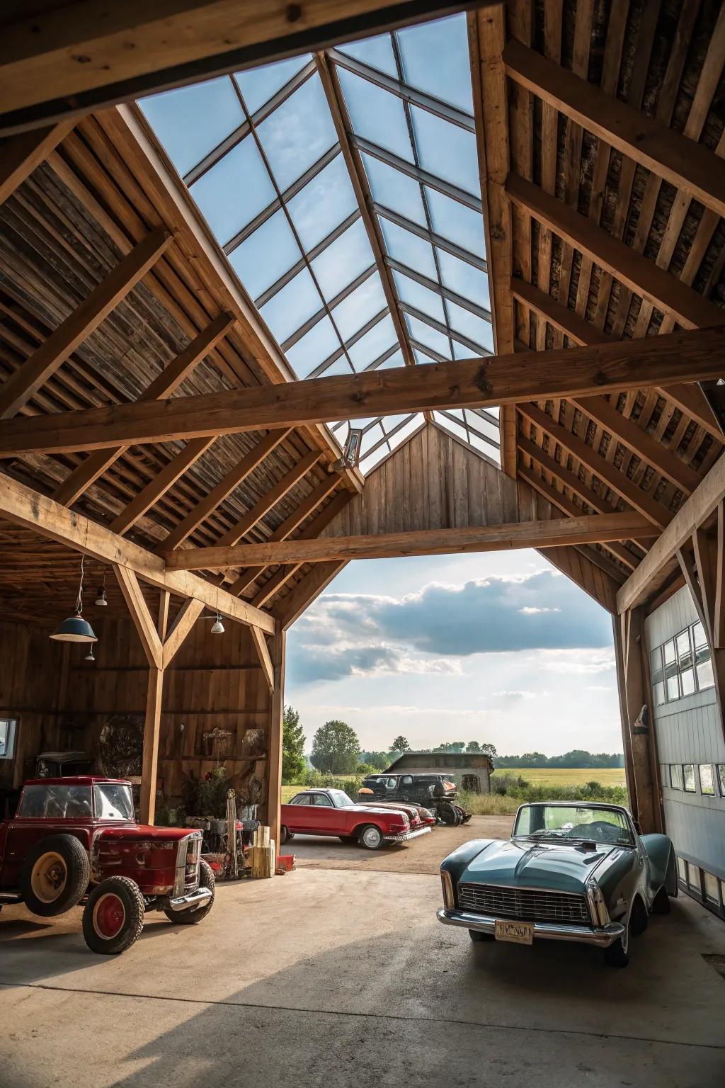 This barn garage's natural illumination and openness are enhanced by a skylight.