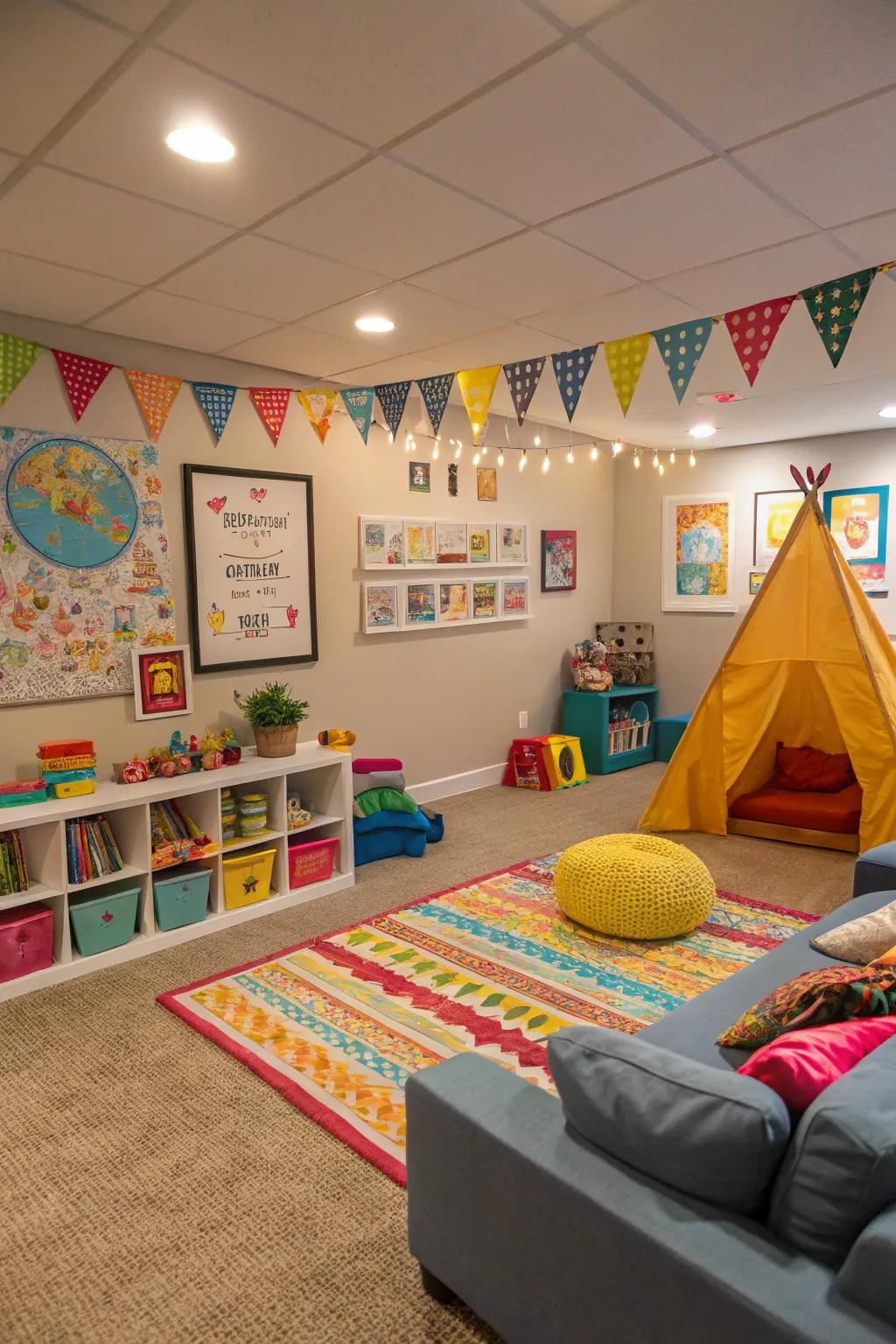 A child-oriented zone appends amusement and functionality to this family basement.