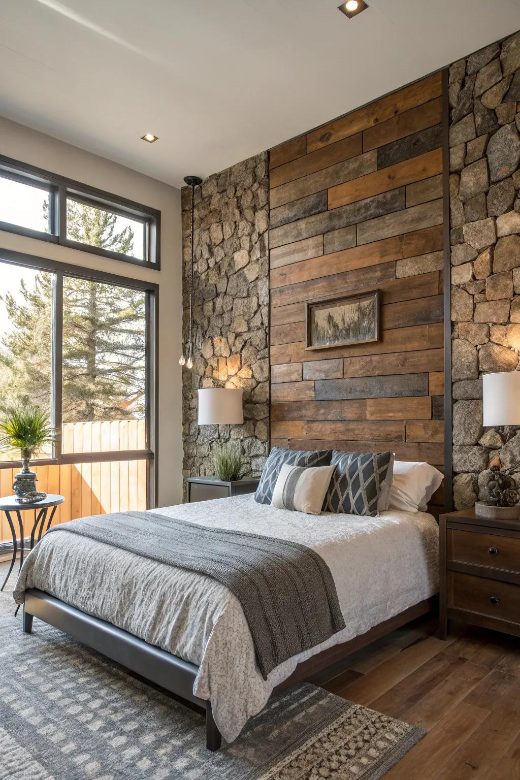 Mixed materials result in a wall that is distinctive and artistic.