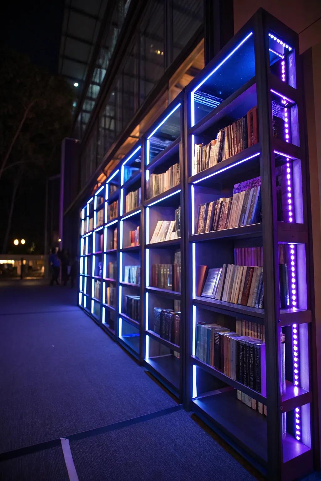 Brightened bookshelves display your collection with a warm radiance.