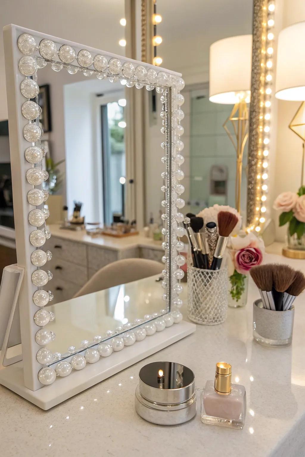Glass gem borders introduce glamour and elegance to vanity mirrors.