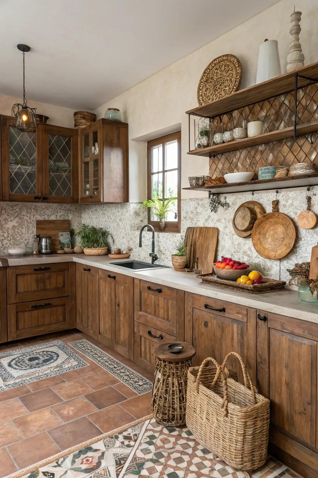 Mixed brown tones convey an eclectic, cohesive vibe to the kitchen.