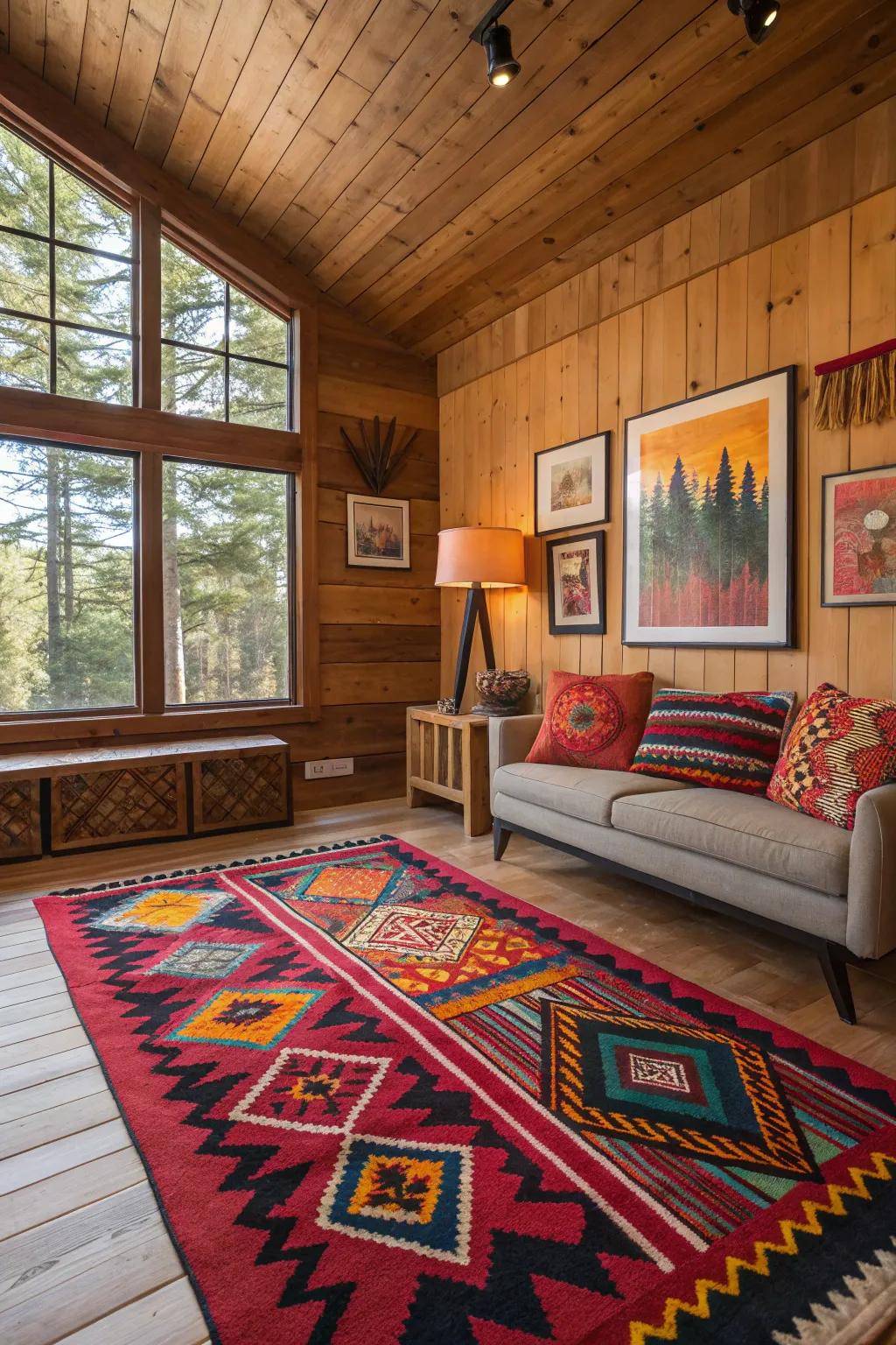 Strong features impart vibrant charm and personality to the cabin’s decor.