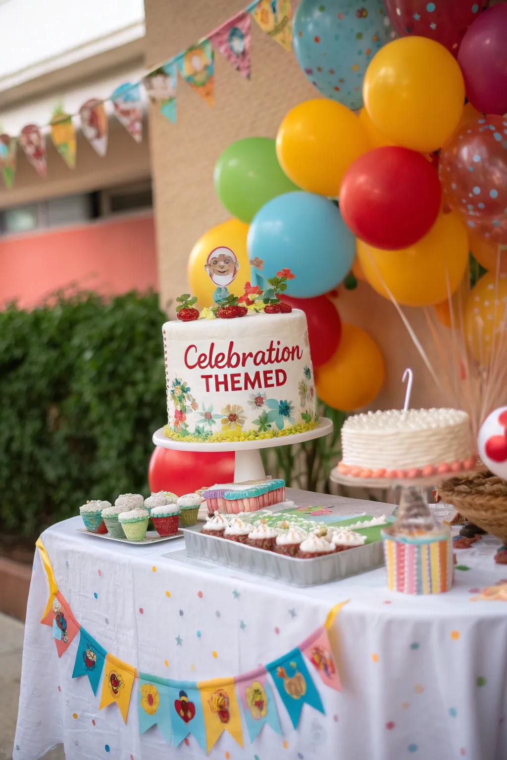 A cake display with a themed banner, injecting a personalized and expressive attribute.