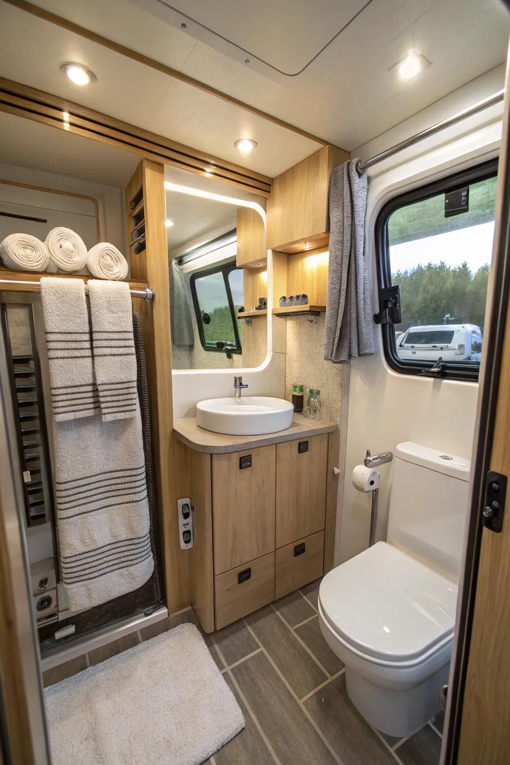 An integrated towel warmer in a camper van bathroom, offering luxury and comfort.