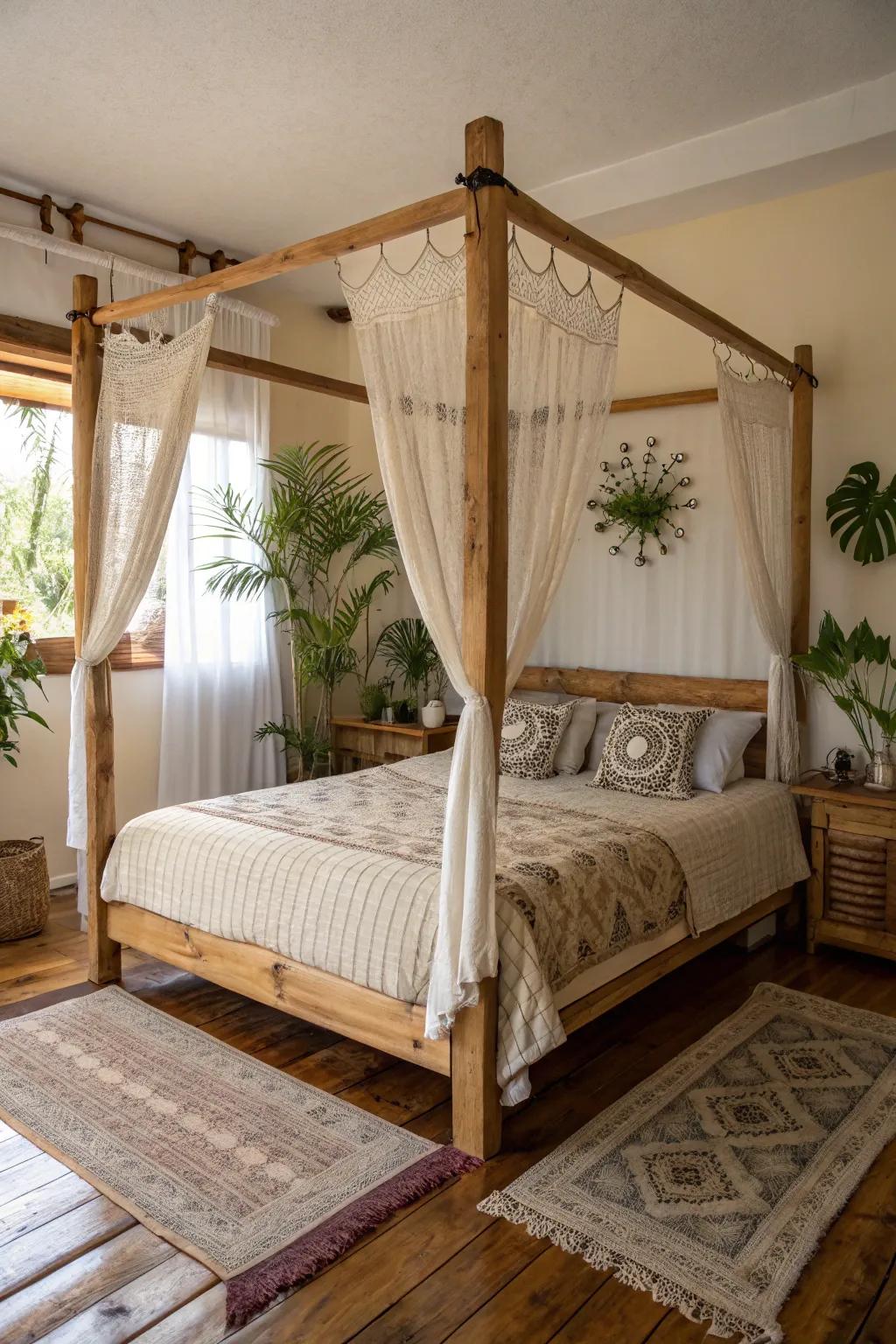 A rustic four-poster featuring natural materials introduces warmth and texture.