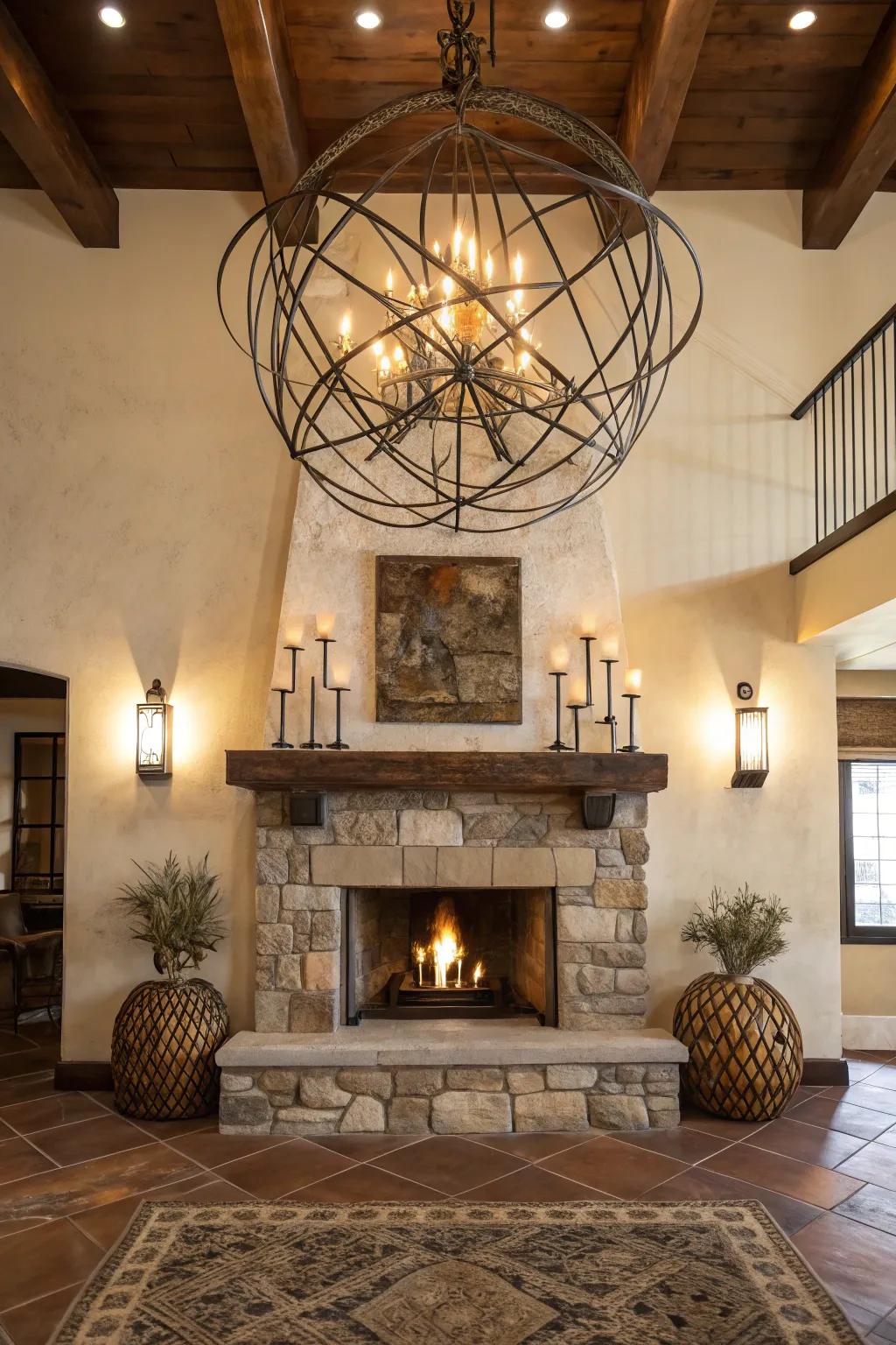 An unforeseen art installation positioned above the hearth captivates and transmutes the spatial dominion.