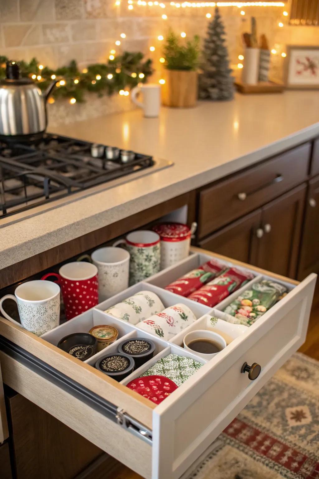 Seasonal decor sustains a festive and inviting coffee drawer.