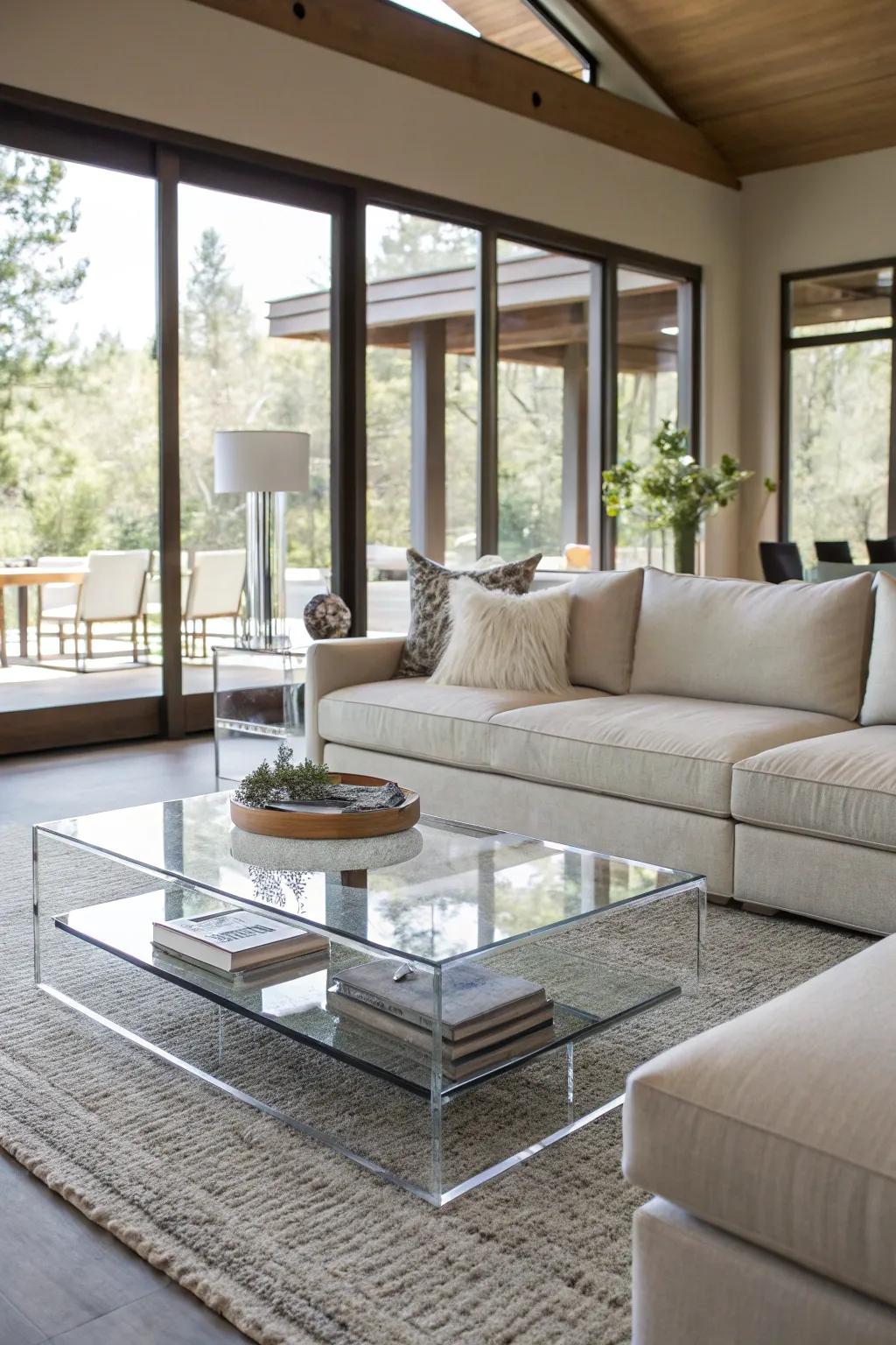 An clear plastic center table adds sheerness and openness to a modern living space.