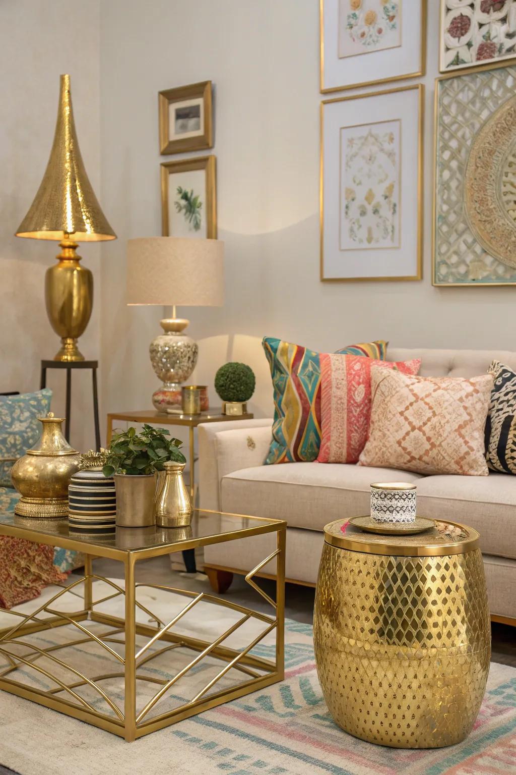 Metallic accents add a hint of refinement and brilliance to this colorful living room.