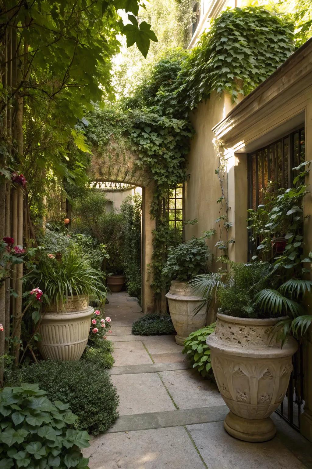A hidden garden spot made with containers.