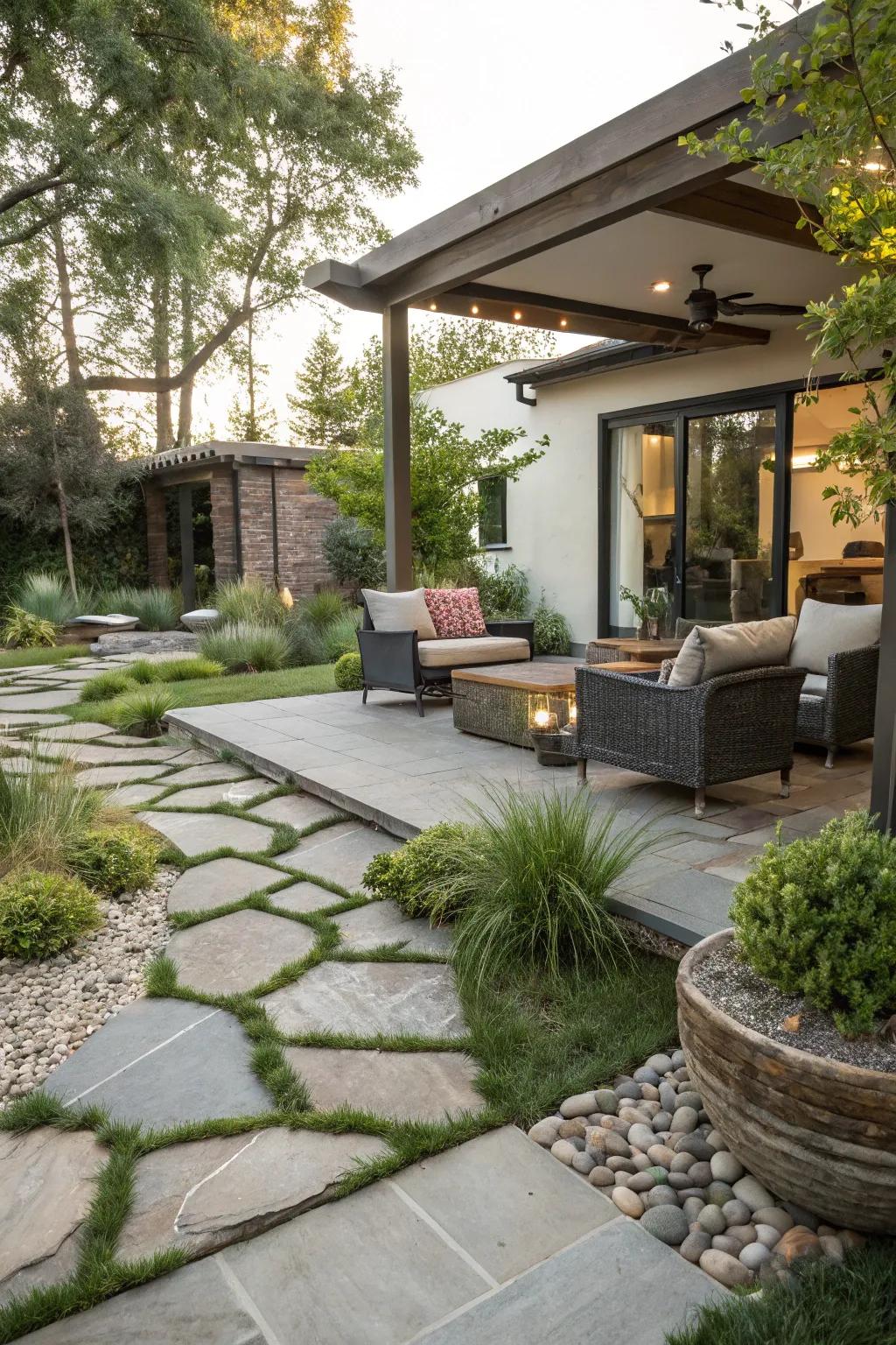 Native stone details delivering grace to a contemporary patio.