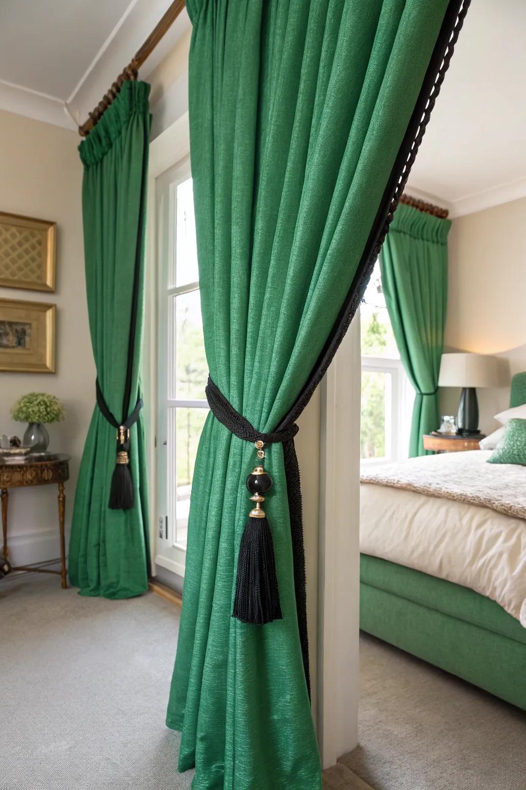Green curtains with ebony tiebacks fashion a dramatic visage.