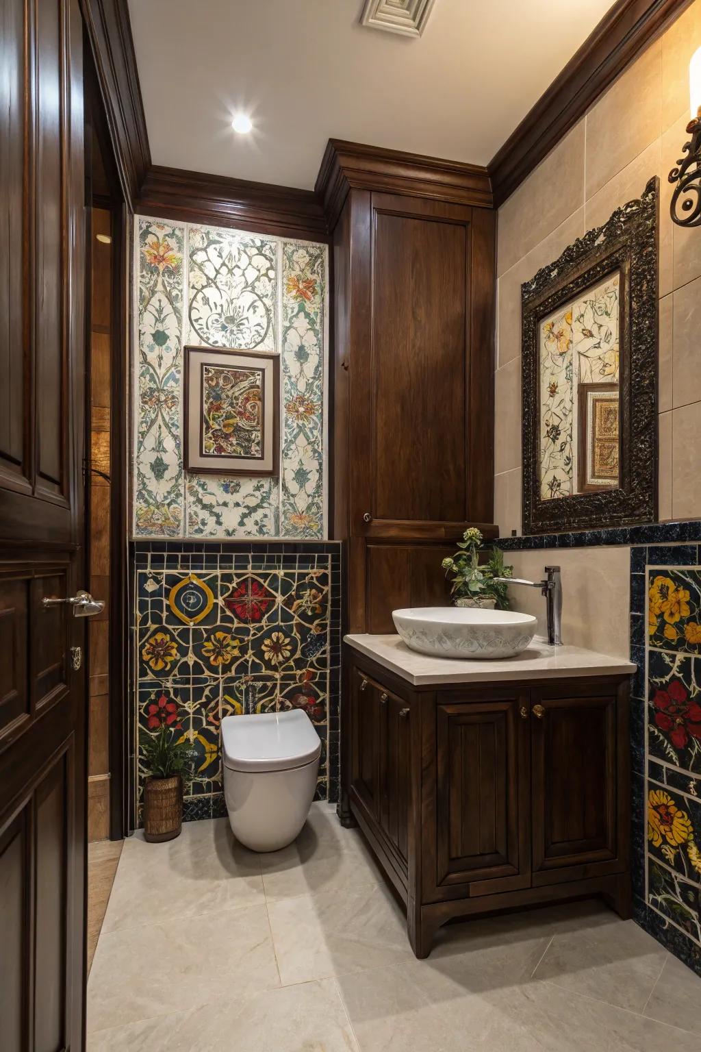 Artful tiles introduce an unexpected flair to the bathroom featuring deep wood.