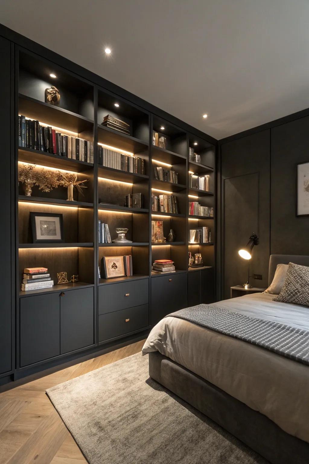 Integrated shelves provide storage and maintain a seamless aesthetic.