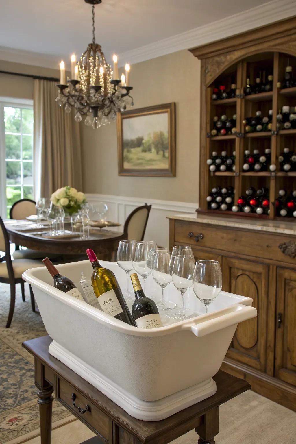 A sophisticated wine display created from a vintage dry sink.