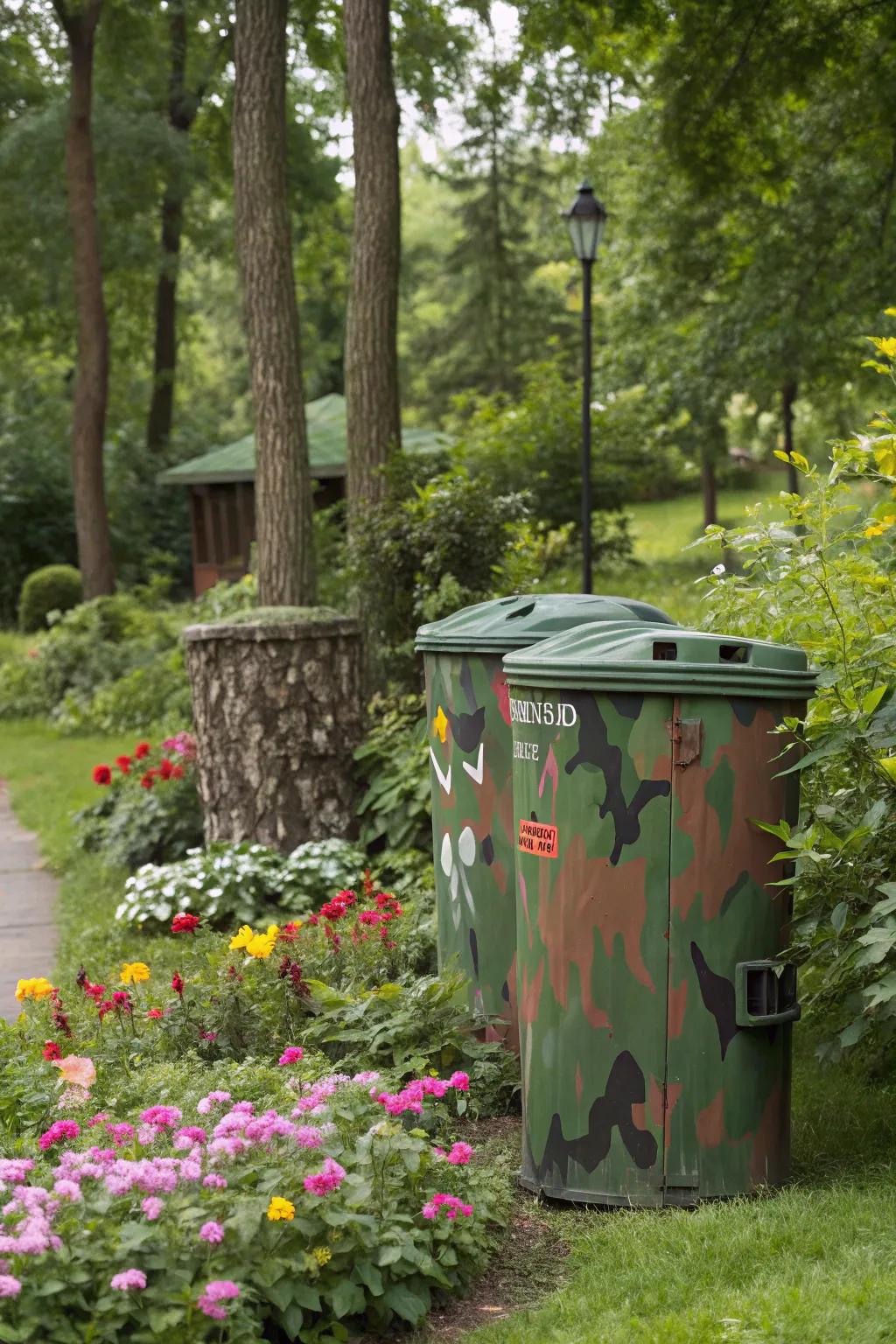 Camouflage coating assists refuse receptacles in seamlessly integrating into their environs.