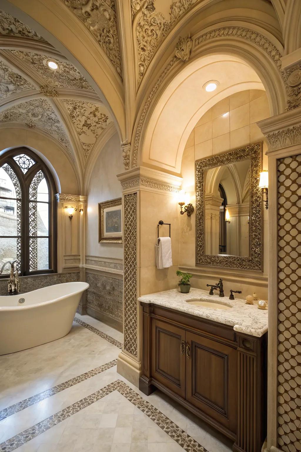 Architectural details amplify depth and sophistication within this exquisitely designed bathing area.