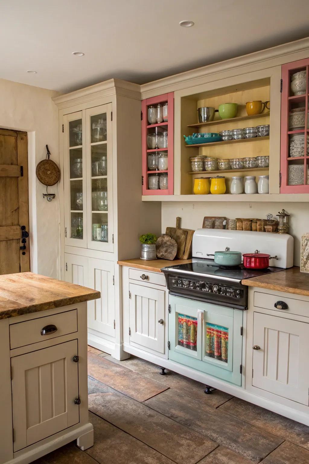 Unanticipated color inside cabinets introduces a playful twist to a farmhouse kitchen.
