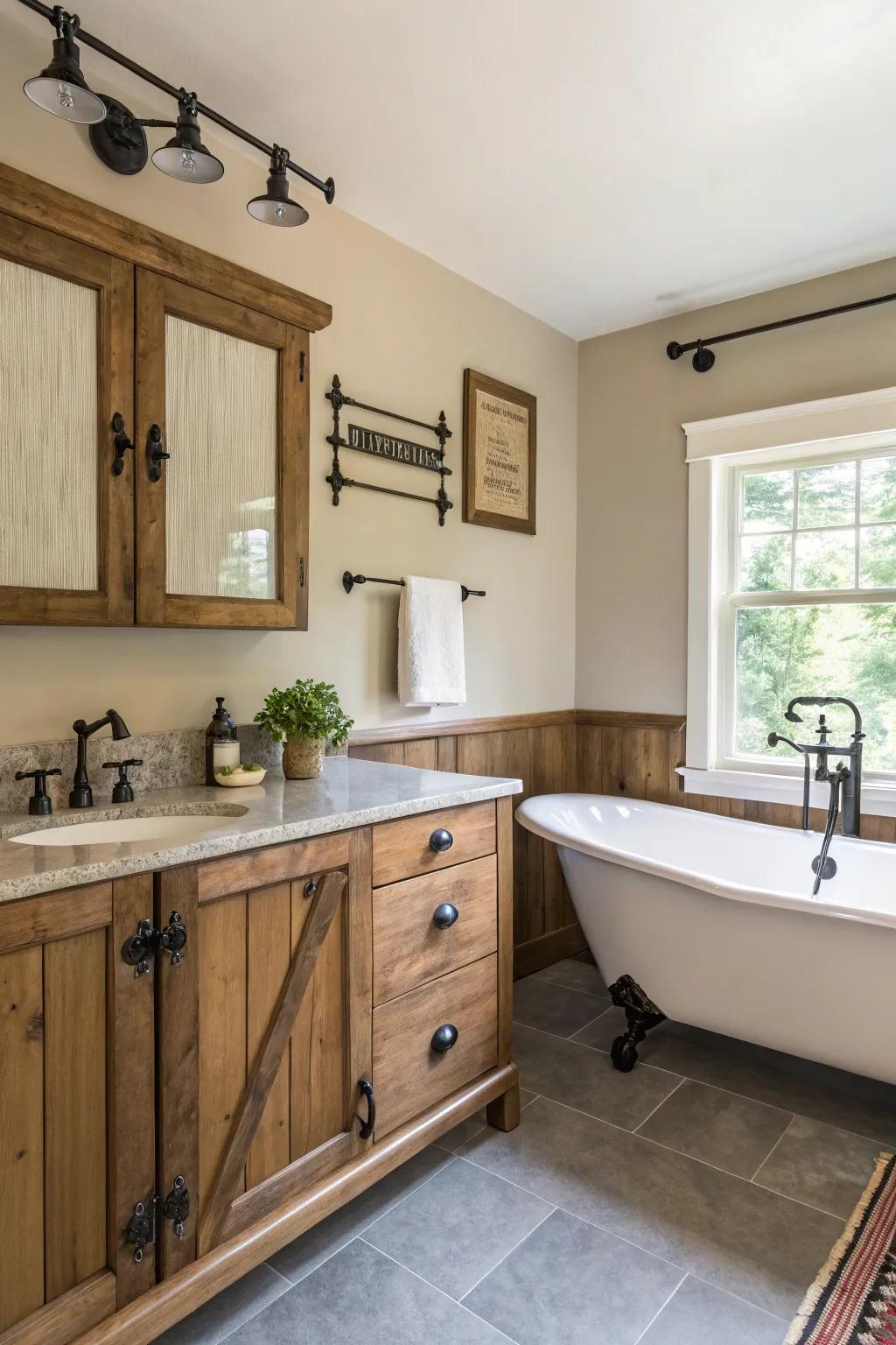 Daring hardware injects a striking particular into this farmhouse bathroom.