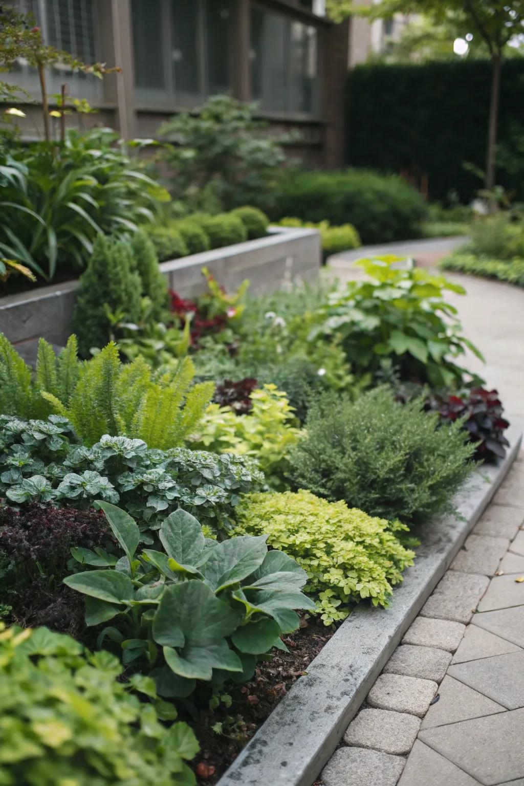 A unified chroma garden on a corner lot features harmonious shades of verdant.