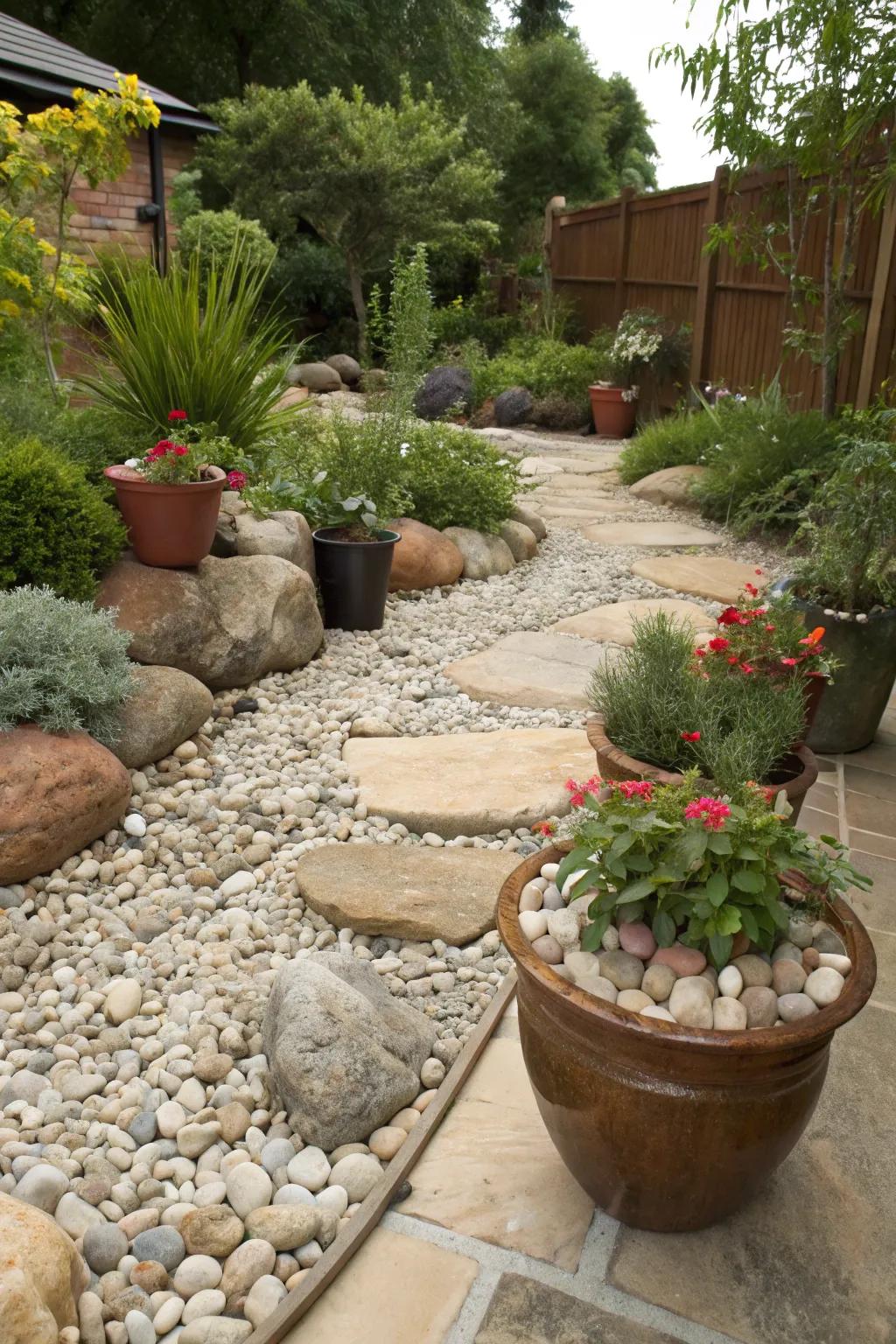 Elements of natural stone augment the inherent splendor and authenticity of the garden's ambiance.