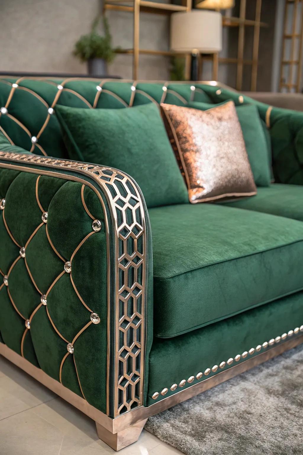 A glamorous lounge featuring a green velvet couch and metallic details.