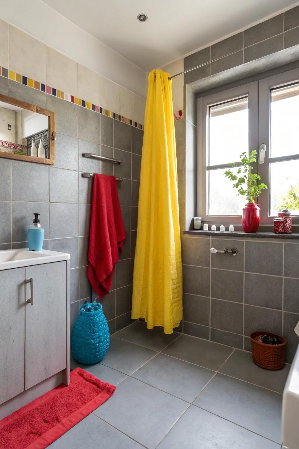 Strong tones bring a playful impression to the grey bathroom.
