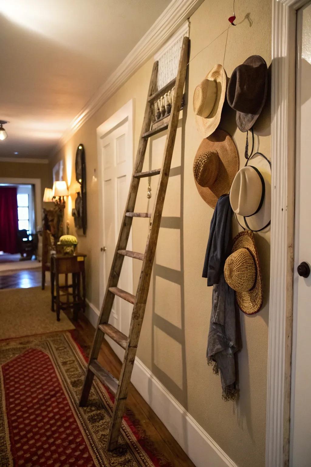 A vintage step ladder contributes rustic charm to your hat display.