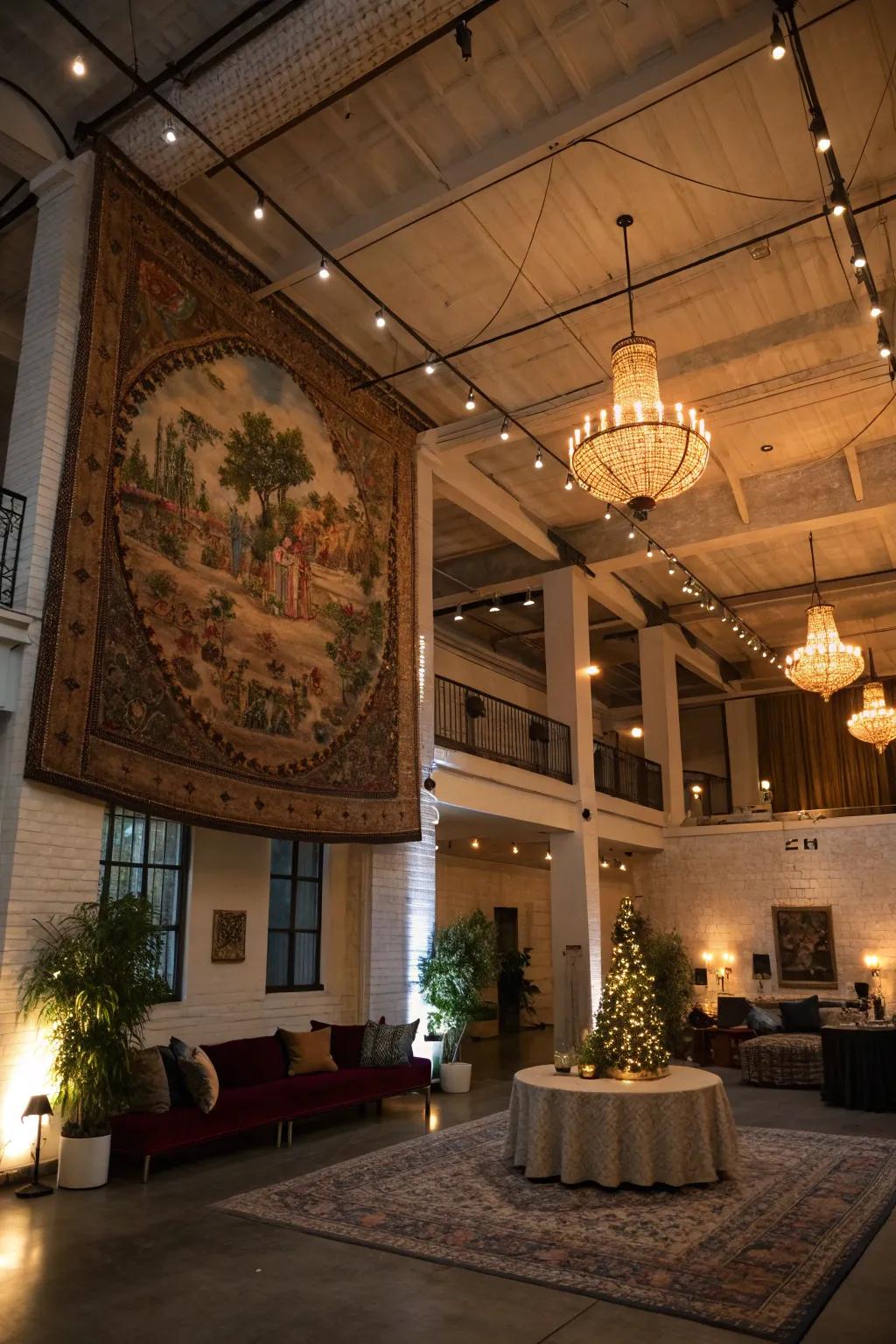 Ceiling-mounted draperies introduce drama and elegance.
