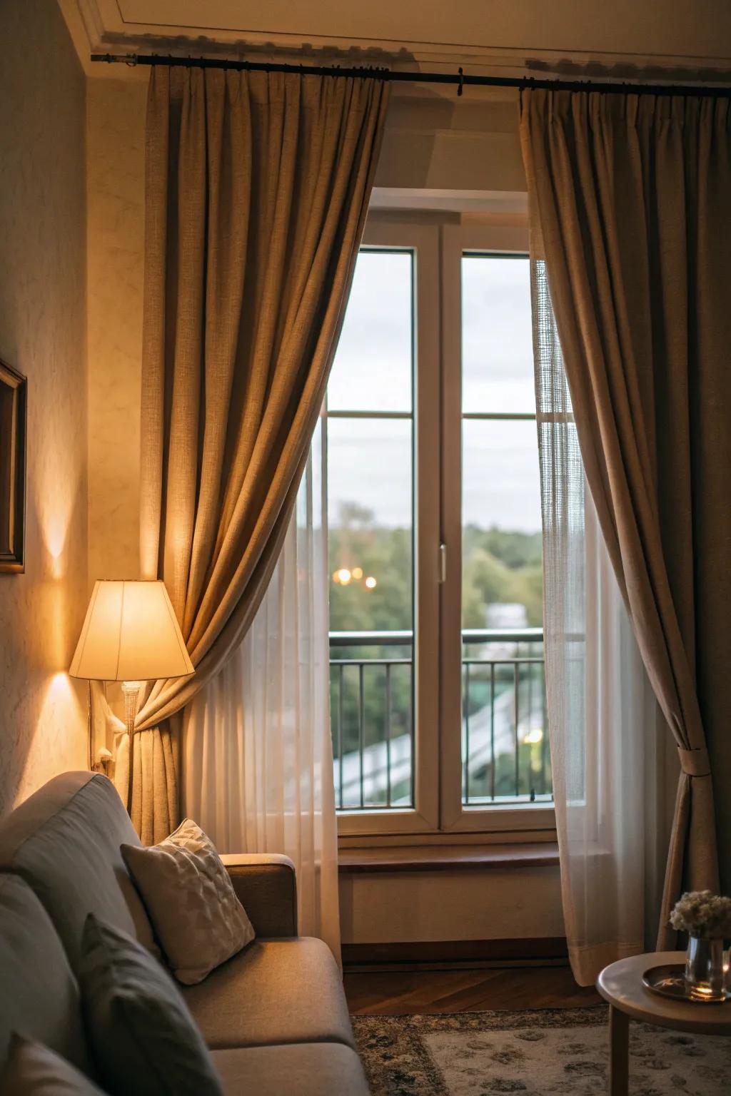Soundproof drapes add quiet and warmth.