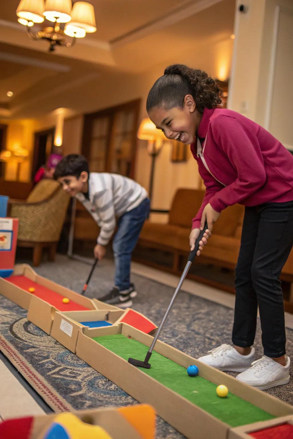 Your living room is transformed into a fun course with indoor mini-golf.
