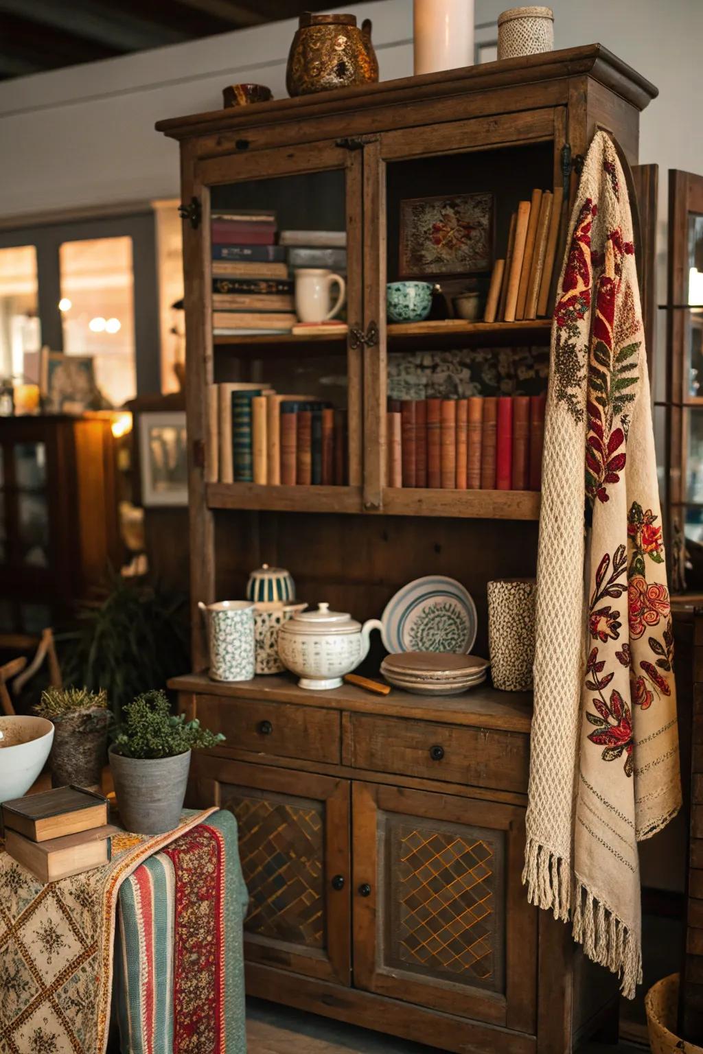 A blend of styles and textures results in a unique hutch display.