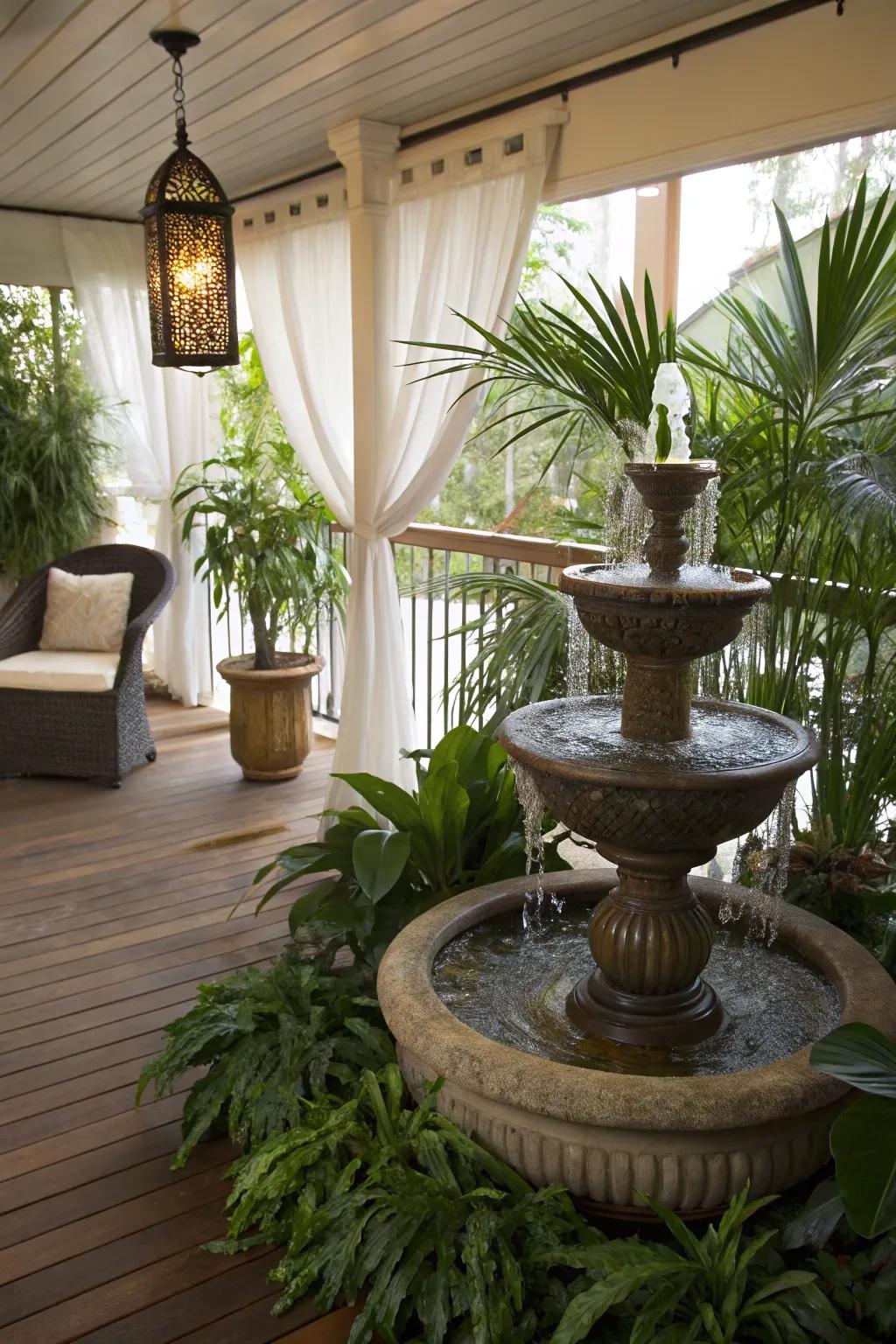 An indoor water feature enhances the tranquility of this deck.